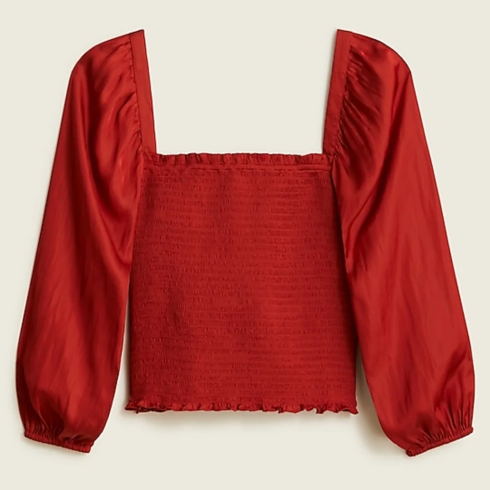New! J. Crew sz Large L Squareneck Smocked Rusty Red satin crop top NWT
